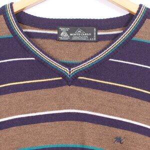 Monte Carlo Men's V-neck Sweater 40 Beige Purple Stripe Wool